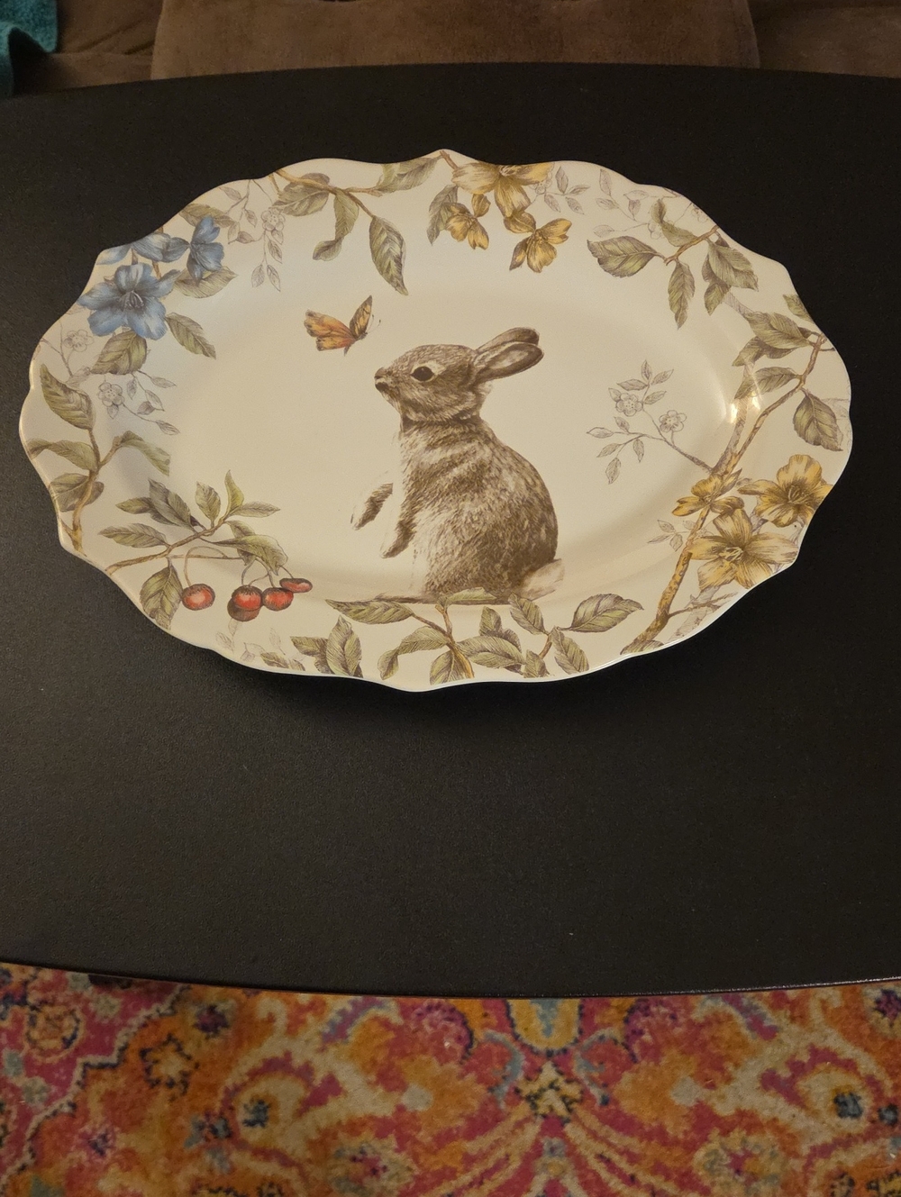 Pier 1 Bunny Floral Serving Platter in Cream, Blue, Yellow, Green, Brown
